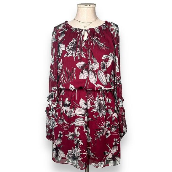 PARKER 100%Silk Ruffle Tier Floral Dress Sheer Sleeve Burgundy Sundress Small - Picture 2 of 13